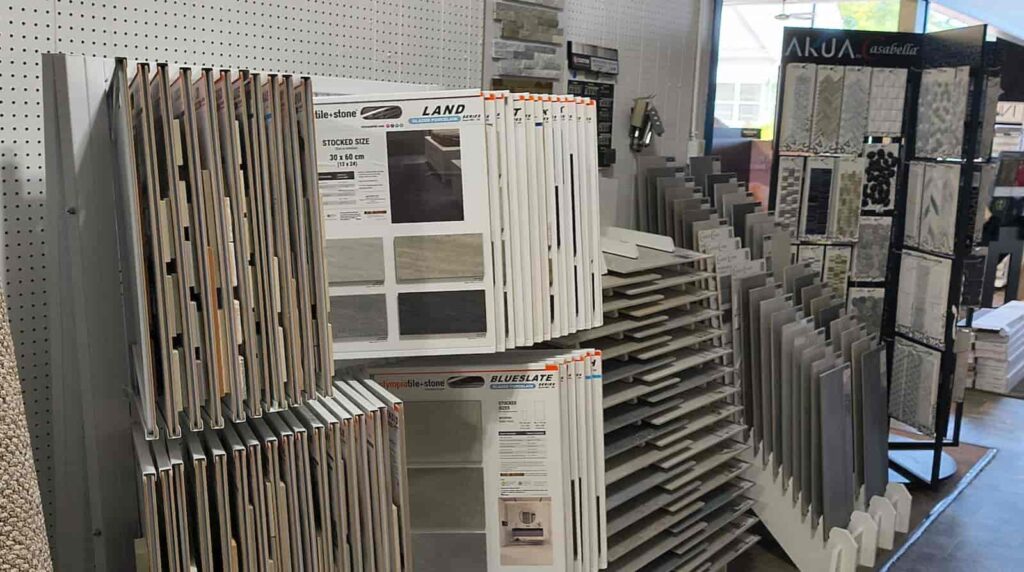 Porcelain tile, stone and mosaic samples in the Magic Carpet showroom, Bay City MI